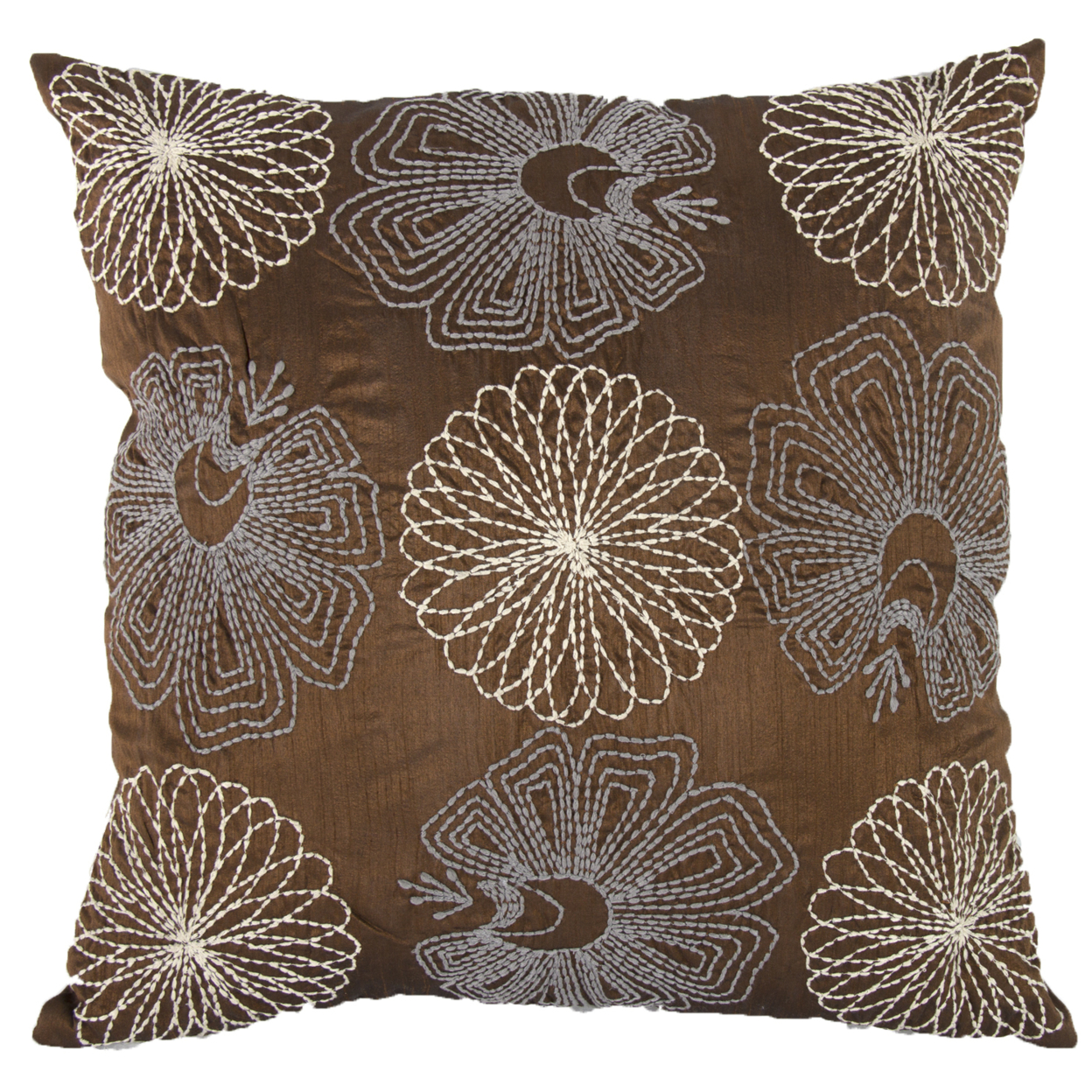 18 X 18 Inch Cotton Pillow With Poly Silk Embroidery, Set Of 2, Brown And White- Saltoro Sherpi