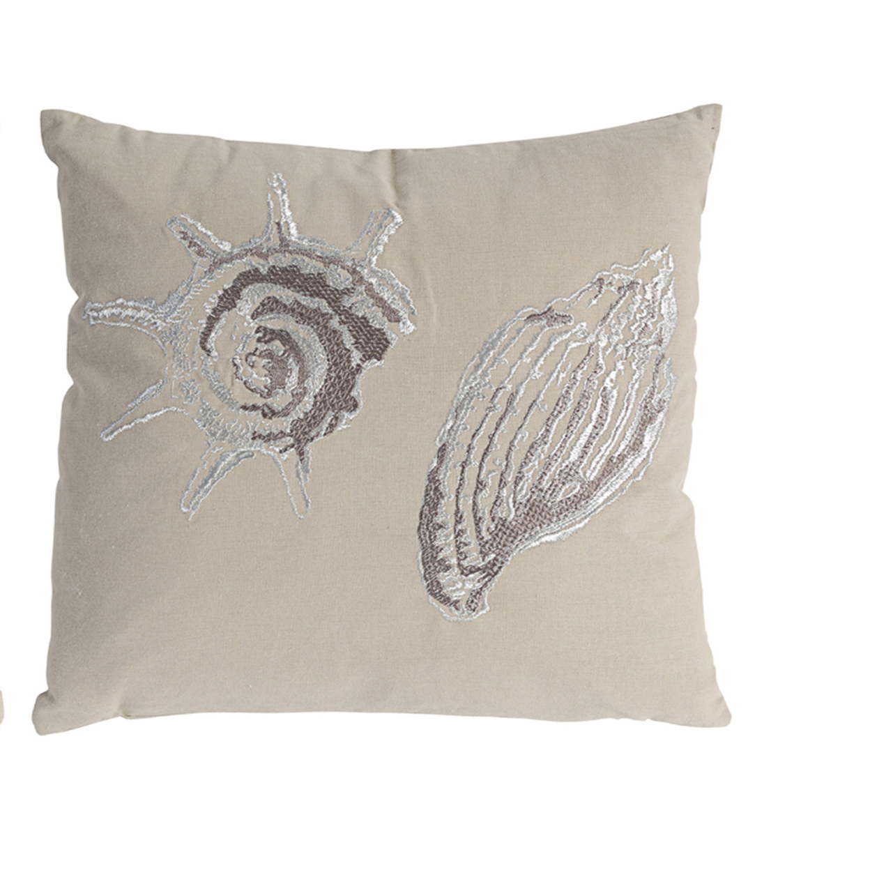 18 X 18 Inch Cotton Pillow With Seashell Embroidery, Set Of 2, Silver And Brown- Saltoro Sherpi