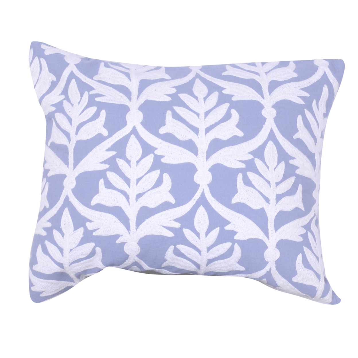 20 X 16 Inch Cotton Pillow With Leaf Motif Embroidery, Set Of 2, White And Blue- Saltoro Sherpi