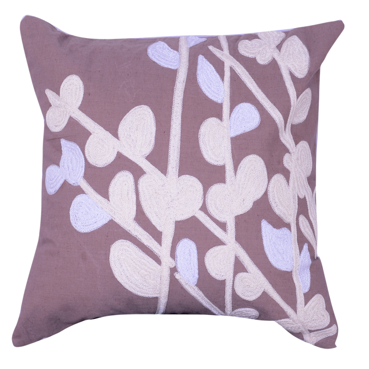 18 X 18 Inch Cotton Pillow With Stem And Leaf Embroidery, Taupe Brown And White- Saltoro Sherpi