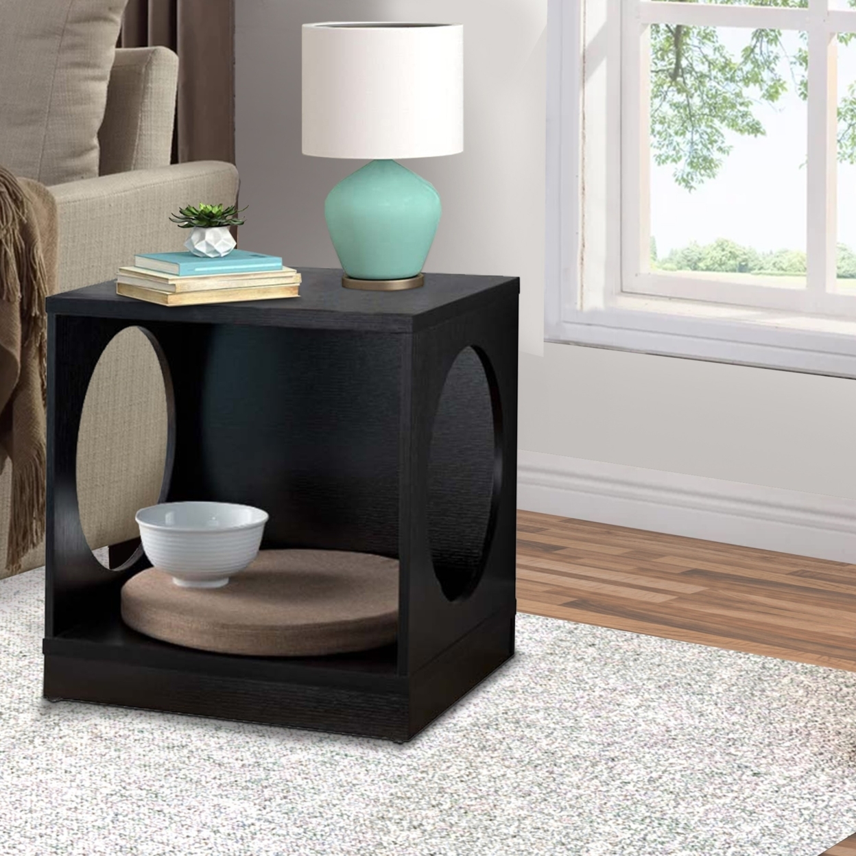 Wooden Pet End Table With Flat Base And Cutout Design On Sides, Black- Saltoro Sherpi