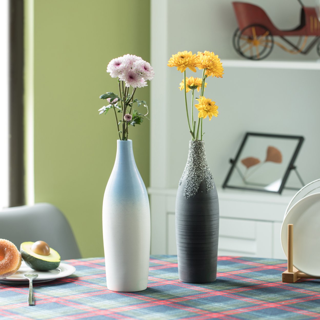 Modern Decorative Ceramic Table Vase Ripped Design Bottle Shape Flower Holder - Set Of 2