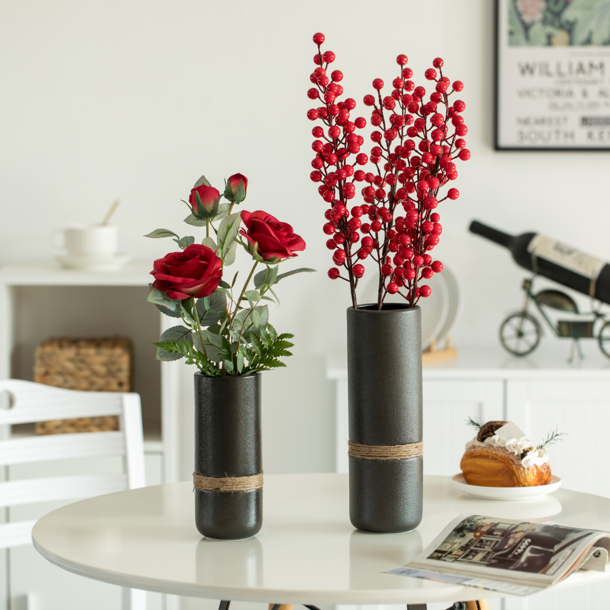 Decorative Modern Ceramic Cylinder Shape Table Vase Flower Holder With Rope - Set Of 2 Black