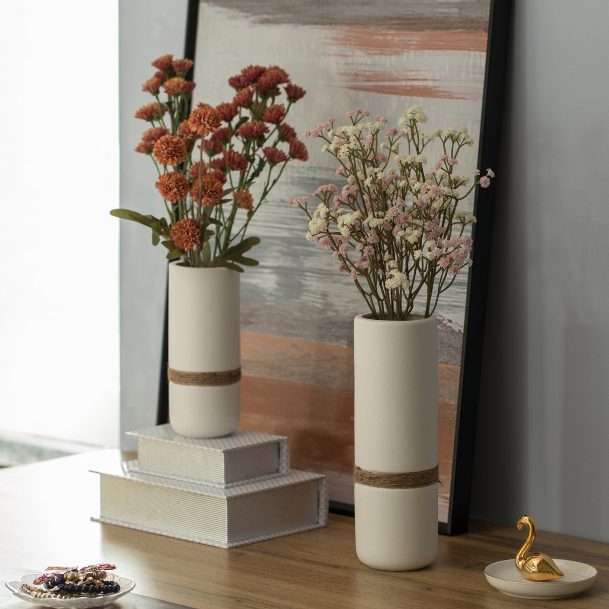 Decorative Modern Ceramic Cylinder Shape Table Vase Flower Holder With Rope - Set Of 2 Black