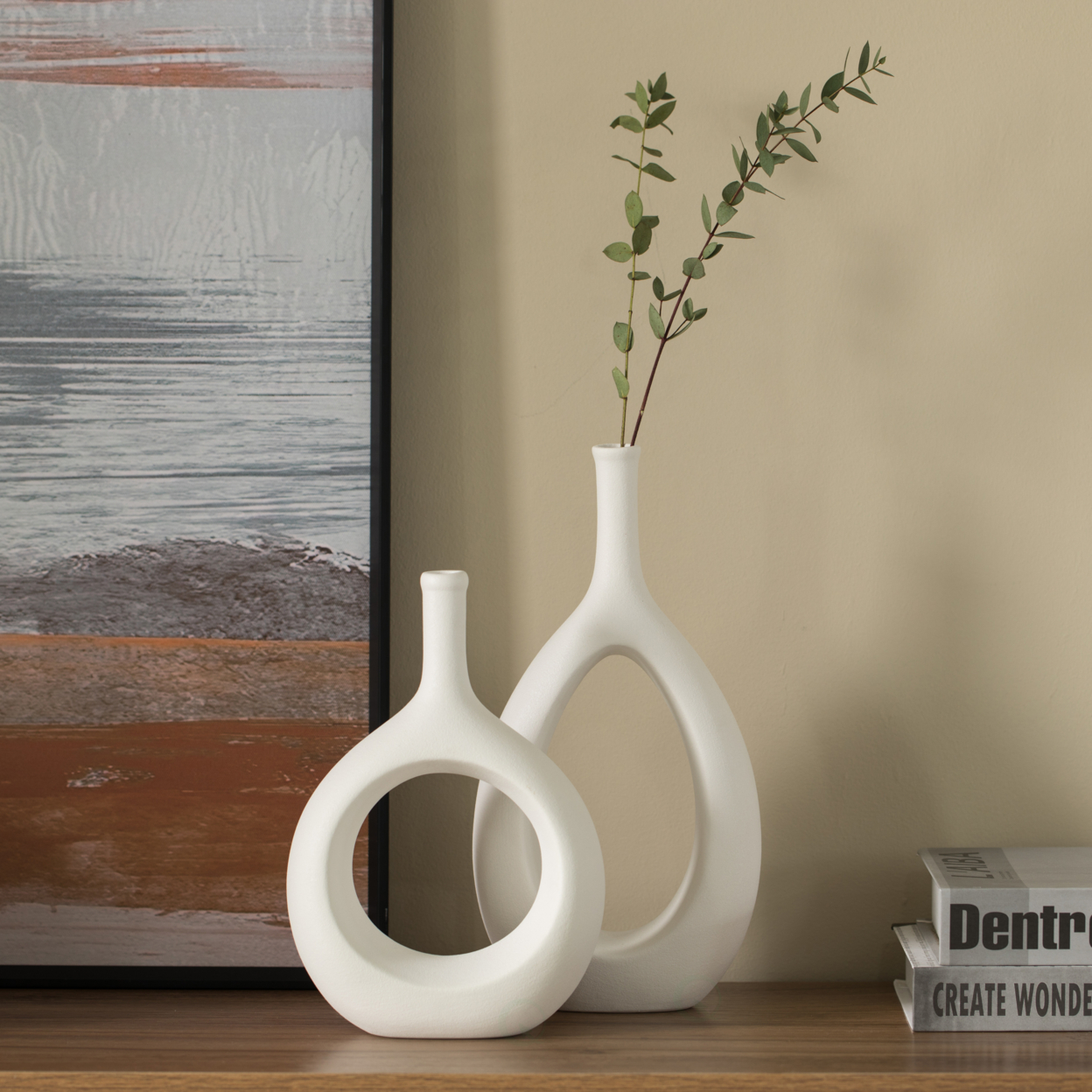 Contemporary White Ceramic Unique Shaped Flower Table Vase Centerpiece - Set Of 2