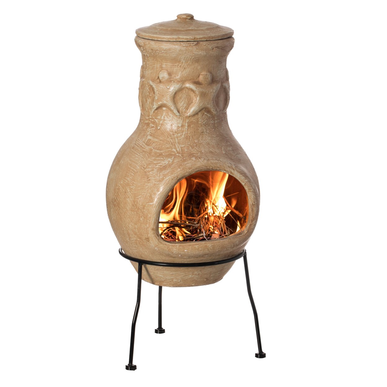 Beige Outdoor Clay Chiminea Outdoor Fireplace Maya Design Charcoal Burning Fire Pit With Sturdy Metal Stand, Barbecue, Cocktail Party,