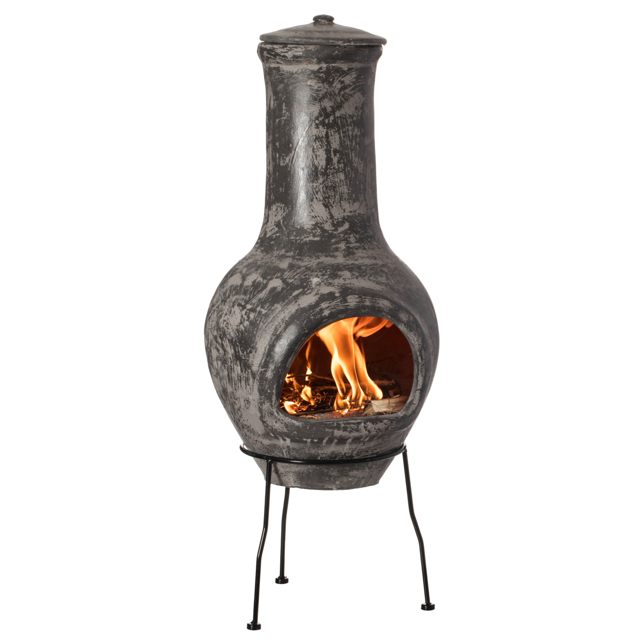 Gray Outdoor Clay Chiminea Fireplace Stoney Scribbled Design Charcoal Burning Fire Pit With Sturdy Metal Stand, Barbecue, Cocktail Party