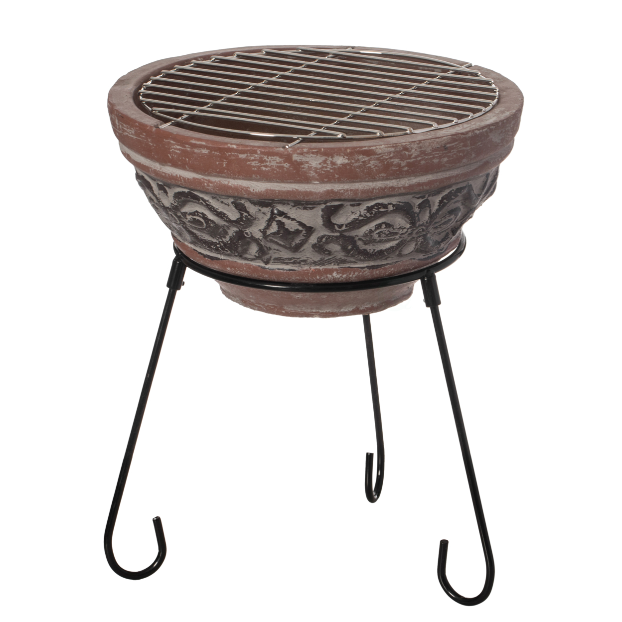 Outdoor Small Red And Gray Clay Grill Accent Design Charcoal Burning Fire Pit With Sturdy Metal Stand, Barbecue, Cocktail Party