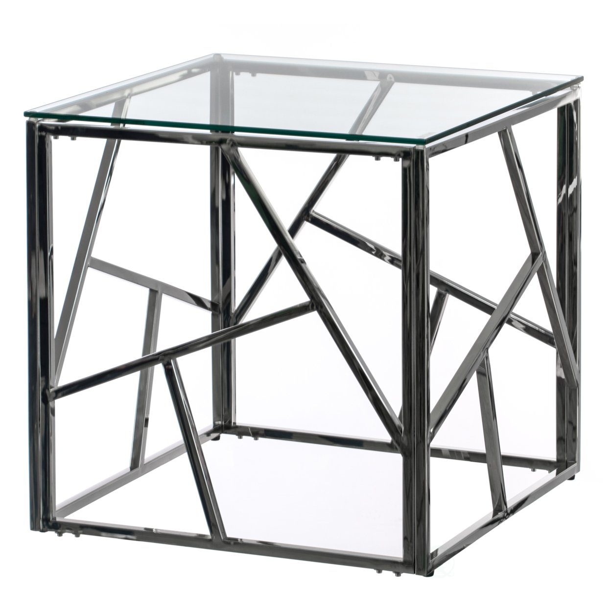 Modern Square End Side Table, Tempered Glass Top Metal Coffee Table - Silver