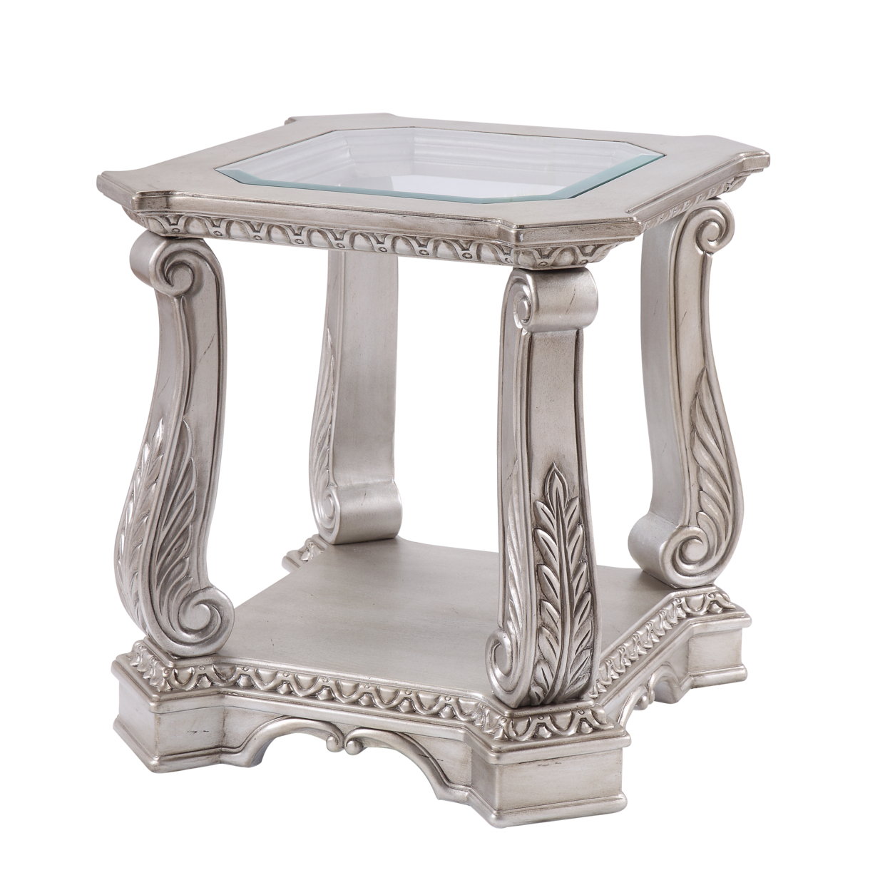 Antique Wooden End Table With Polyresin Engravings And Glass Top, Silver And Clear- Saltoro Sherpi