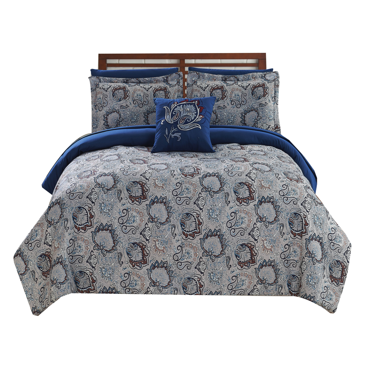 Caen 8 Piece Printed Queen Reversible Comforter Set The Urban Port, Gray And Blue- Saltoro Sherpi