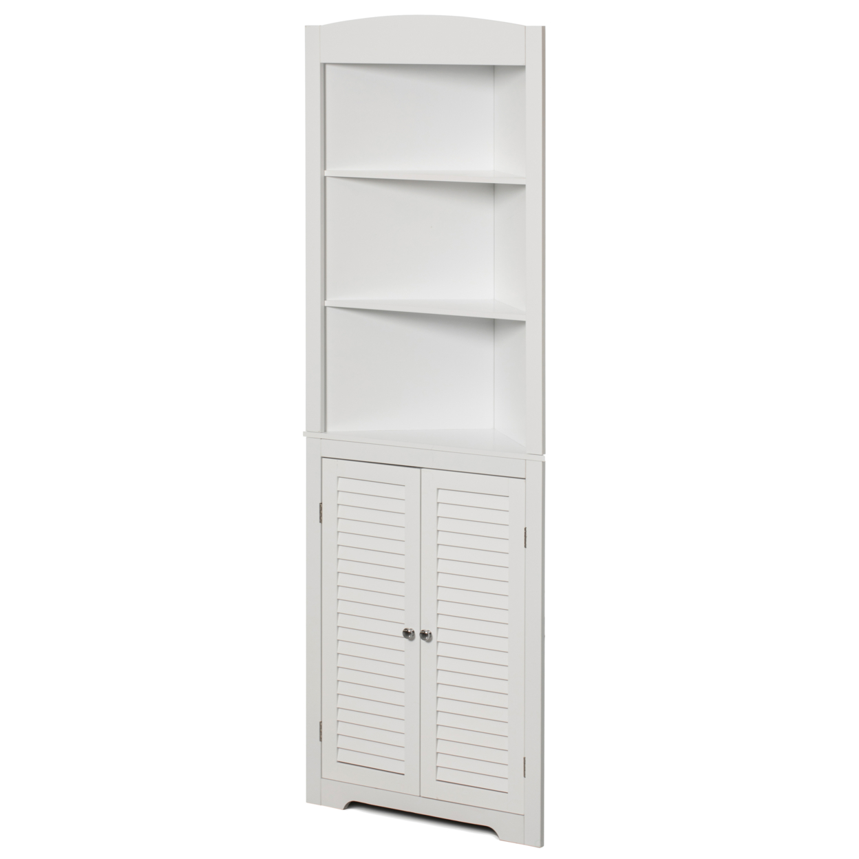 White Standing Storage Corner Cabinet Organizer with 3 Open Shelf and Double Shutter Doors