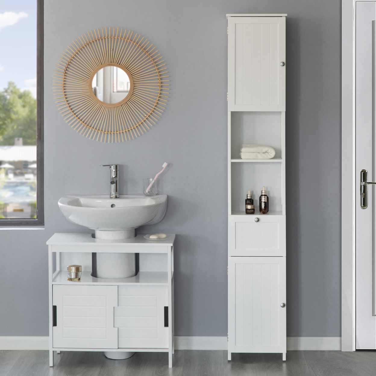 White Tall Standing Bathroom Linen Tower Storage Cabinet For Bathroom And Vanity