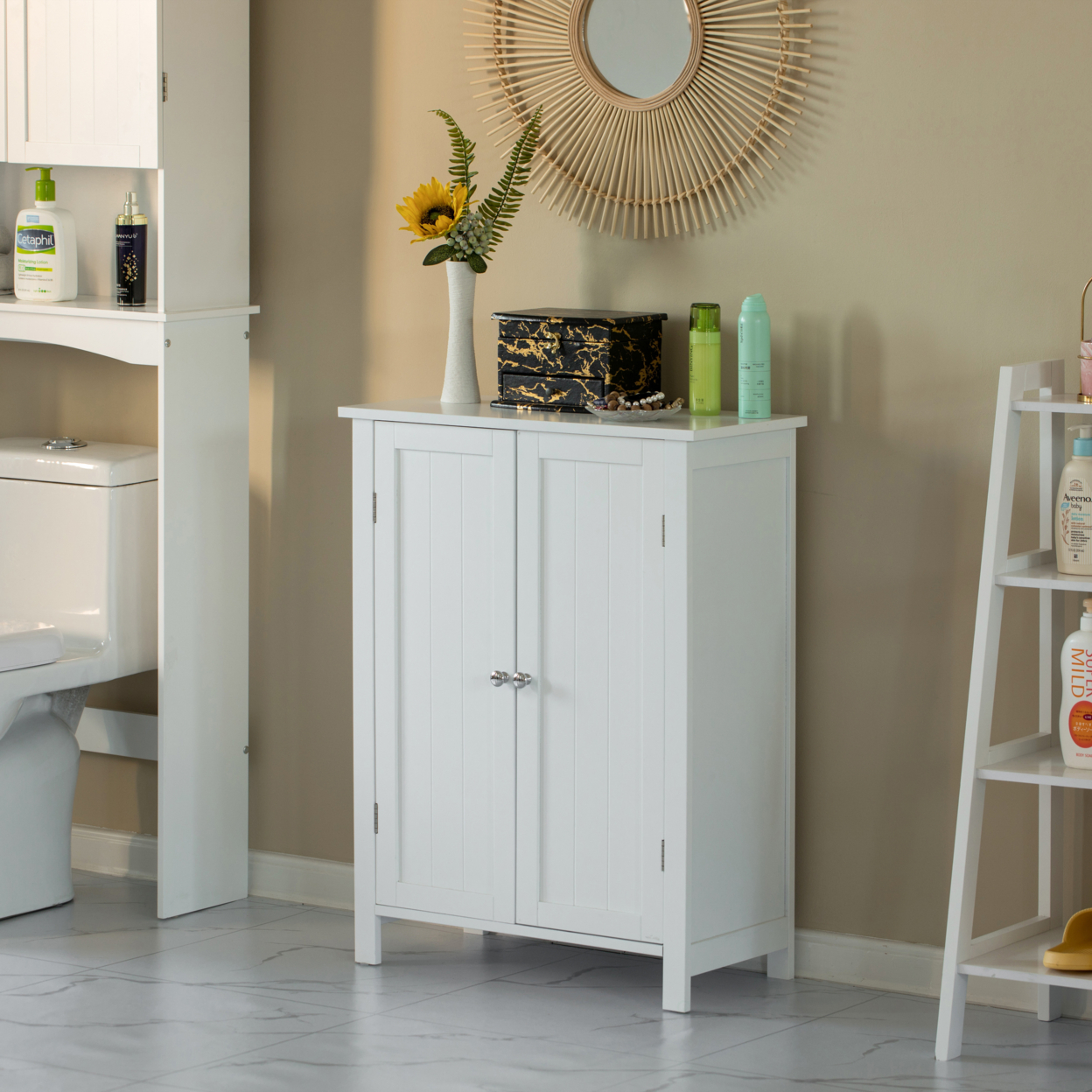 White Wooden Bathroom Cabinet With Double Doors And Adjustable Shelves Modern Vanity Storage