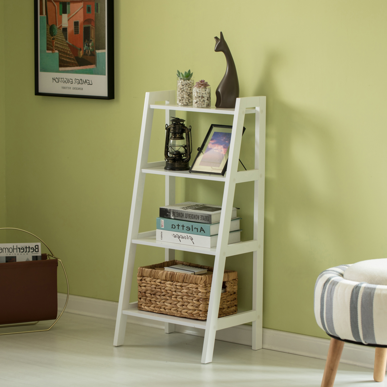 Decorative White Wooden Modern 4-Tier Ladder Bookshelf, Flower And Plant Display