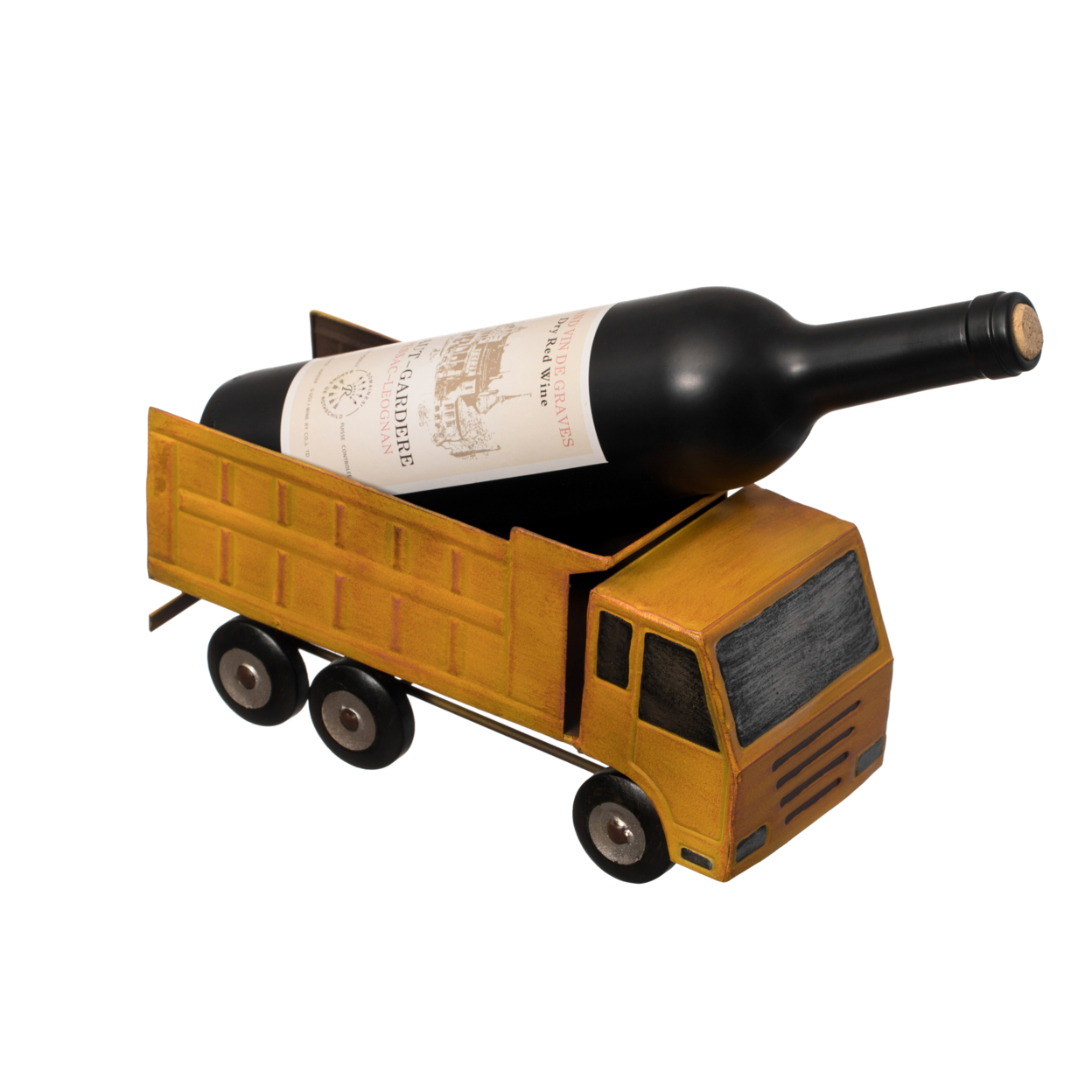 Decorative Rustic Metal Yellow Single Bottle Truck Wine Holder For Tabletop Or Countertop