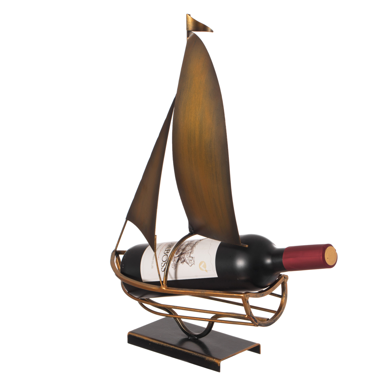 Decorative Bronze Metal Vintage Single Bottle Abstract Boat Wine Holder For Tabletop Or Countertop