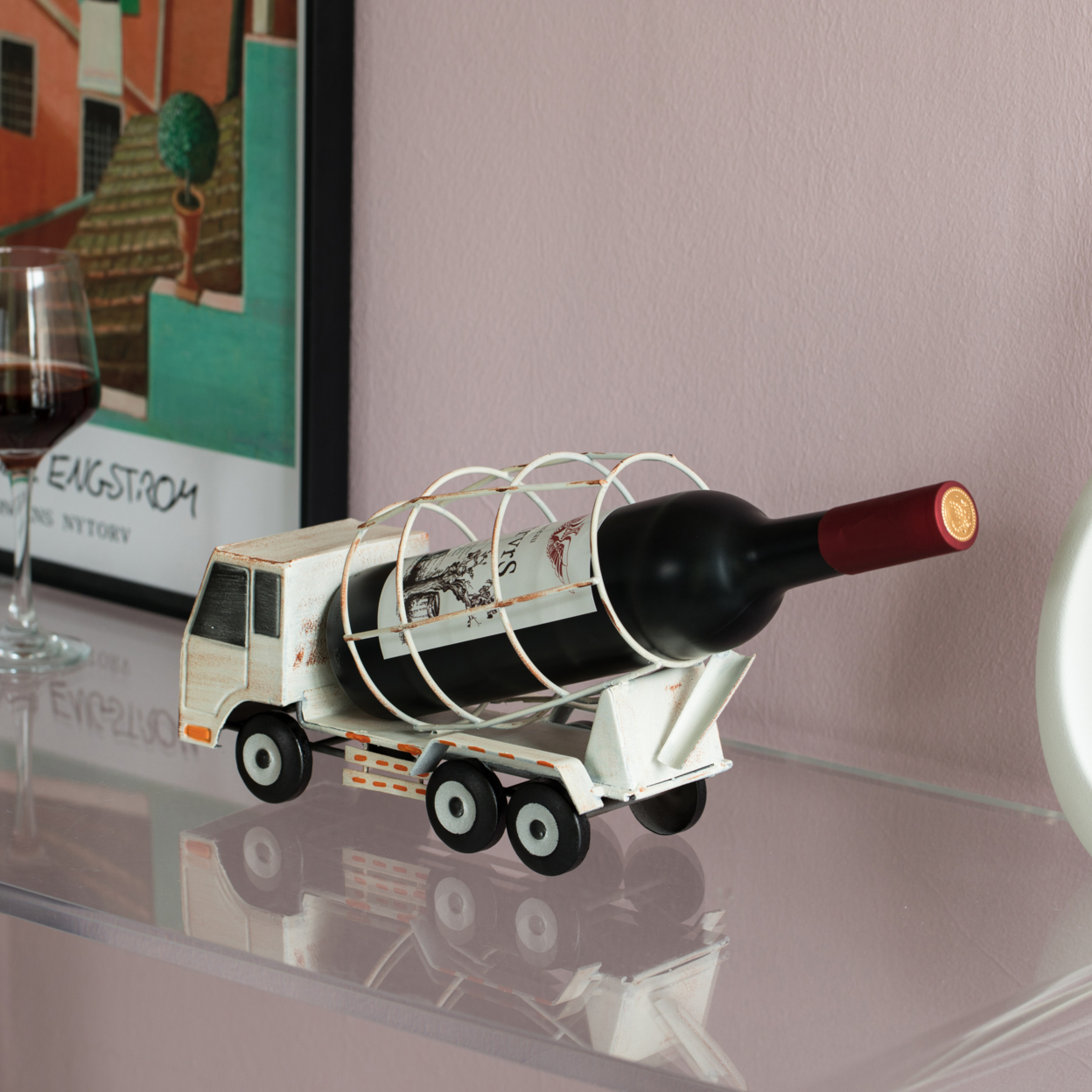 Decorative Rustic Metal White Single Bottle Cement Truck Wine Holder For Tabletop Or Countertop
