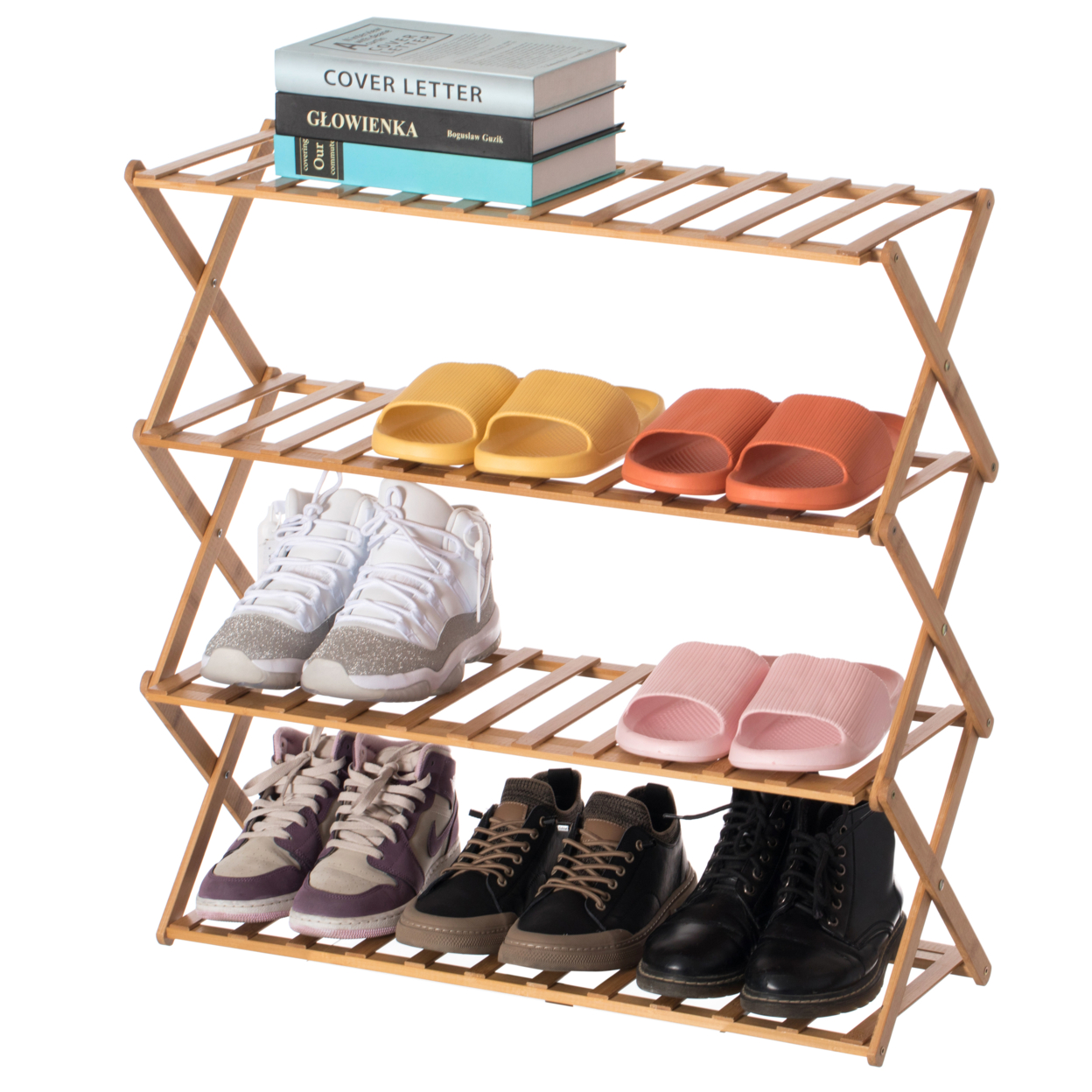 Bamboo Foldable Shoe Rack, Free Standing Shoe Organizer Storage Rack - 4 tier