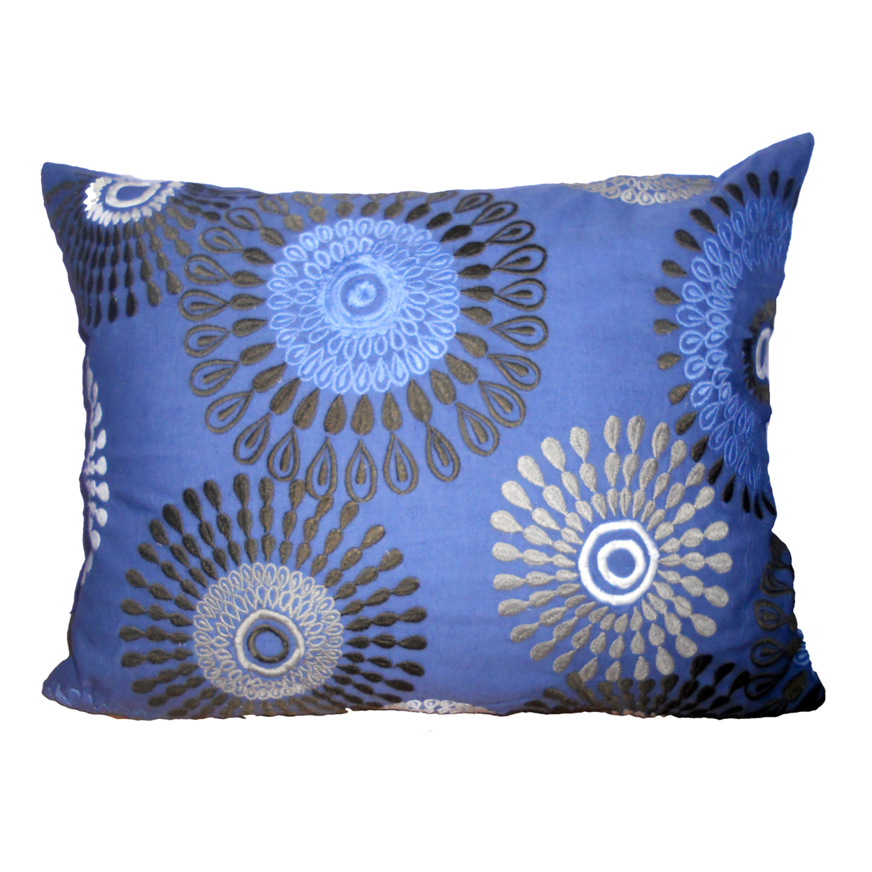 20 X 16 Inch Cotton Pillow With Floral Embroidery, Set Of 2, Blue And Black- Saltoro Sherpi