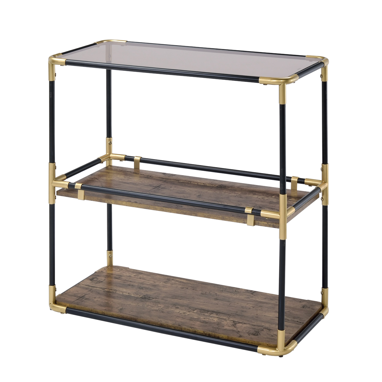 Rechange Glass Top Console Table Metal Tubular Framing And Wooden Shelves, Black And Brown- Saltoro Sherpi