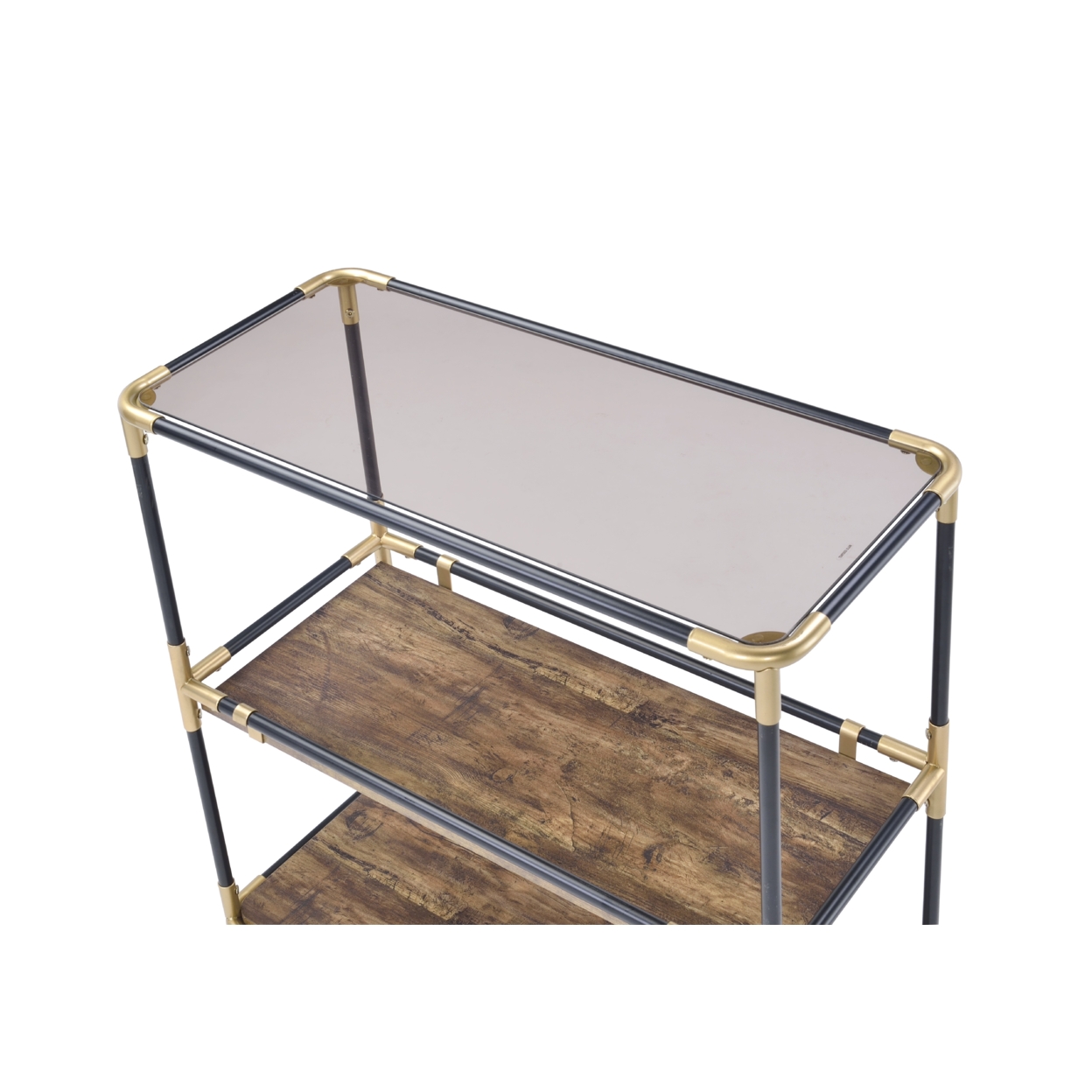 Rechange Glass Top Console Table Metal Tubular Framing And Wooden Shelves, Black And Brown- Saltoro Sherpi