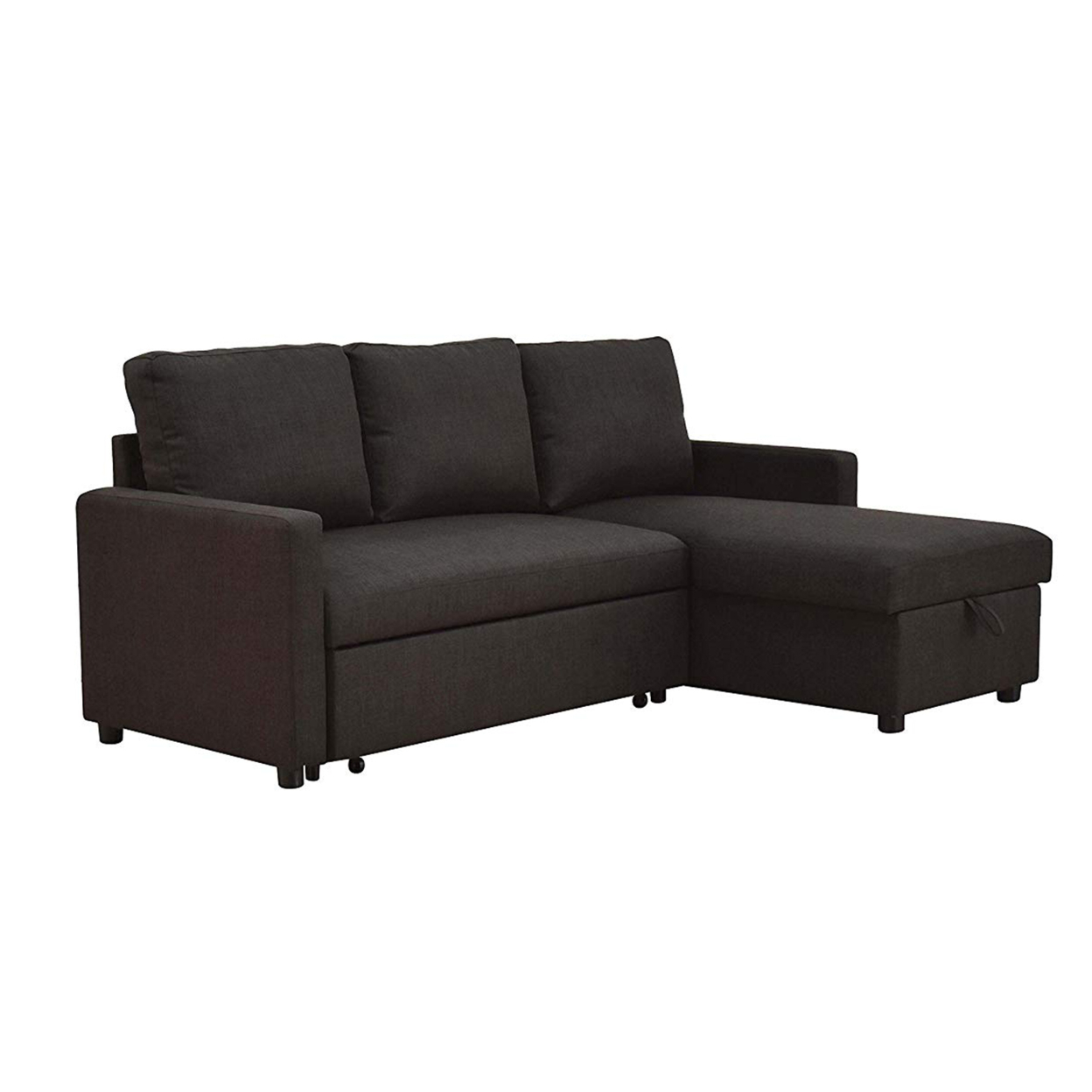 Fabric Upholstered Sectional Sofa With Pull Out Sleeper And Hidden Storage, Black- Saltoro Sherpi