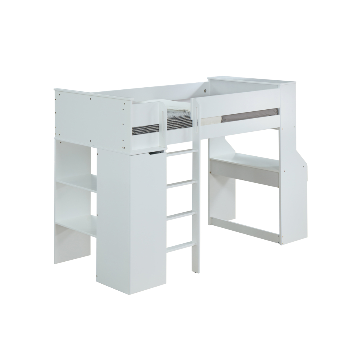 Wooden Twin Size Loft Bunk Bed With Workstation And Ladder, White- Saltoro Sherpi