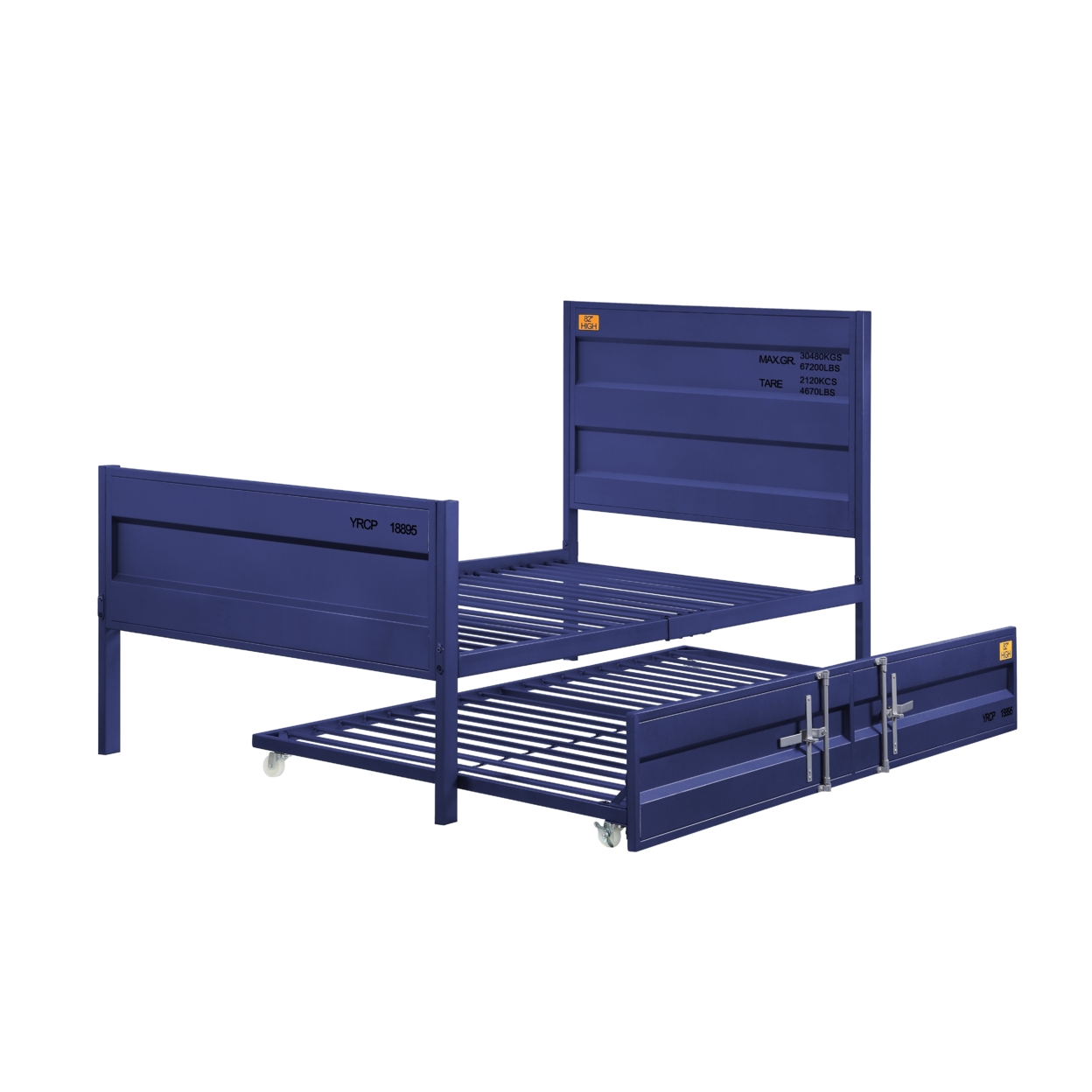Industrial Style Metal Twin Size Bed With Straight Leg Support, Blue- Saltoro Sherpi