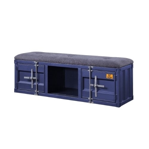 Industrial Metal And Fabric Bench With Open Storage, Blue And Gray- Saltoro Sherpi