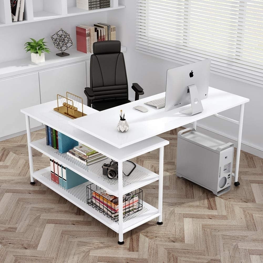 Tribesigns Modern L-Shaped Desk With Storage Shelves, 360 Degree Rotating Desk Corner Computer Desk Study Writing Table With Open Shelves -