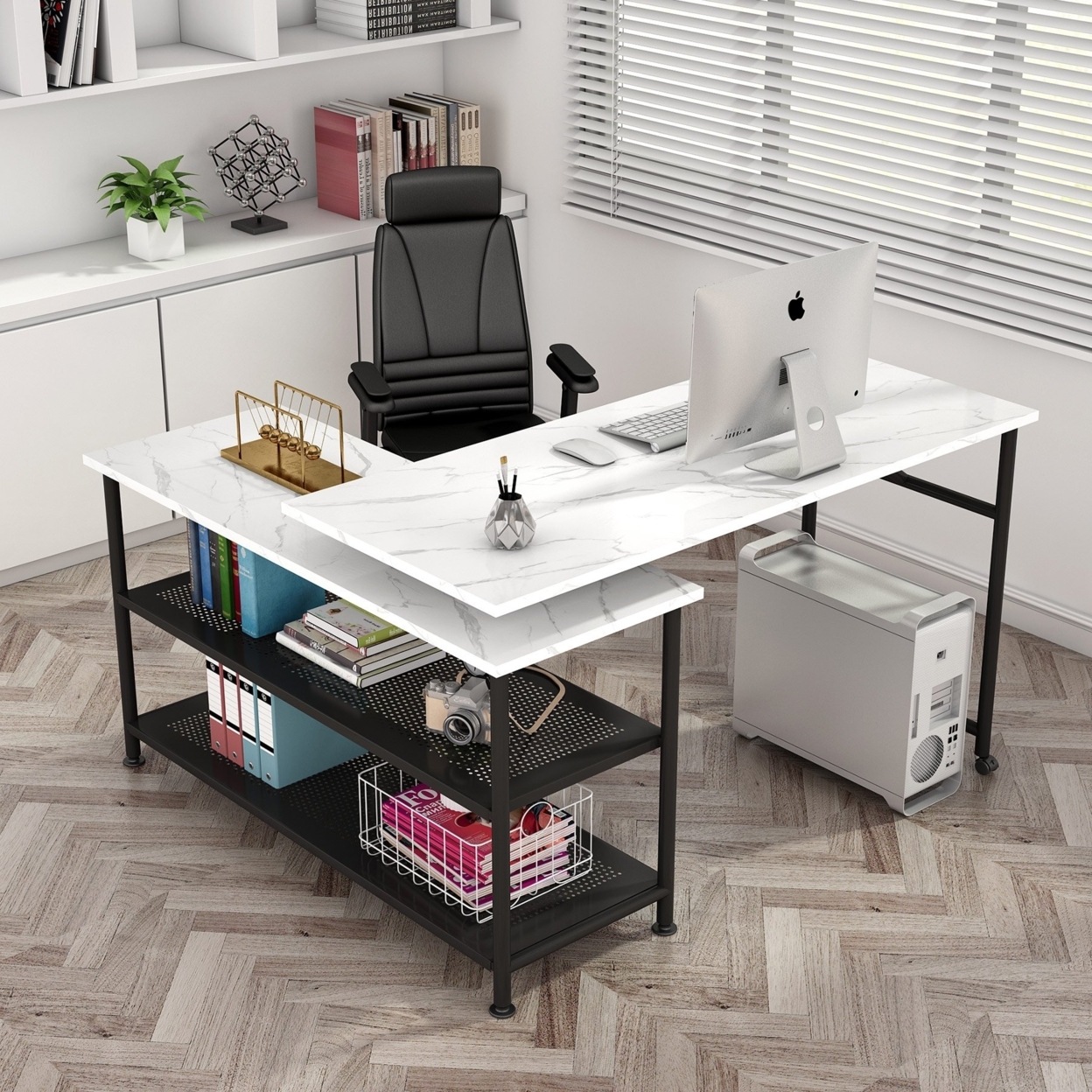 Tribesigns Modern L-Shaped Desk With Storage Shelves, 360 Degree Rotating Desk Corner Computer Desk Study Writing Table With Open Shelves -