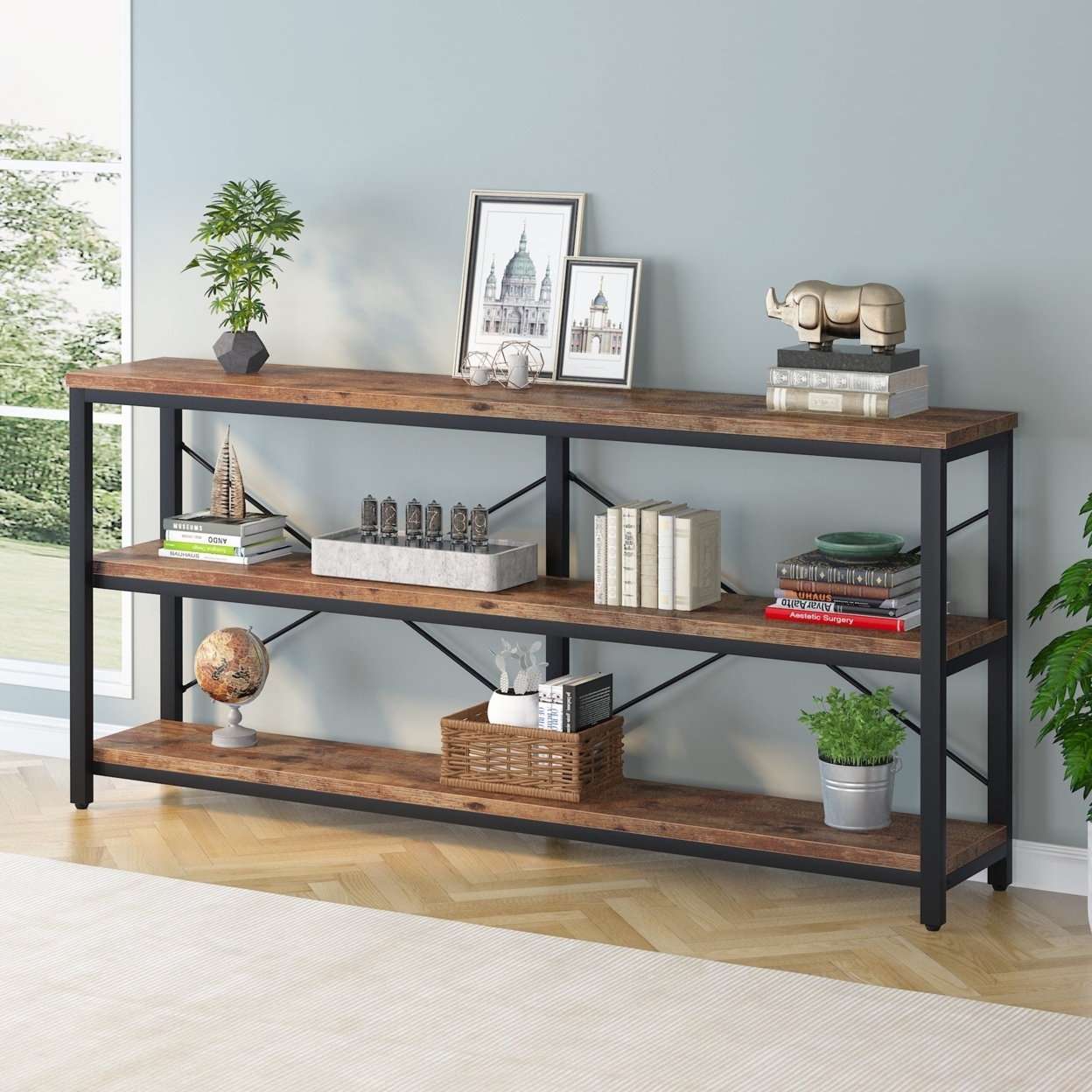 Tribesigns Sofa Table, 3 Tiers TV Stand Console Table Extra Long TV Console With Storage Shelves - Rustic