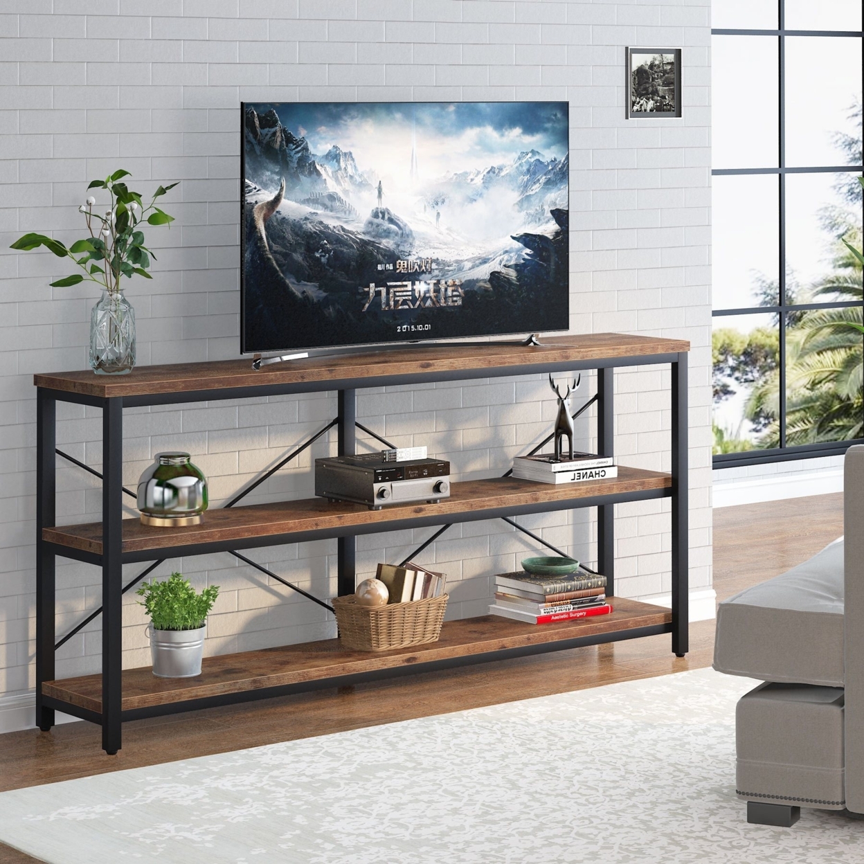 Tribesigns Sofa Table, 3 Tiers TV Stand Console Table Extra Long TV Console With Storage Shelves - White