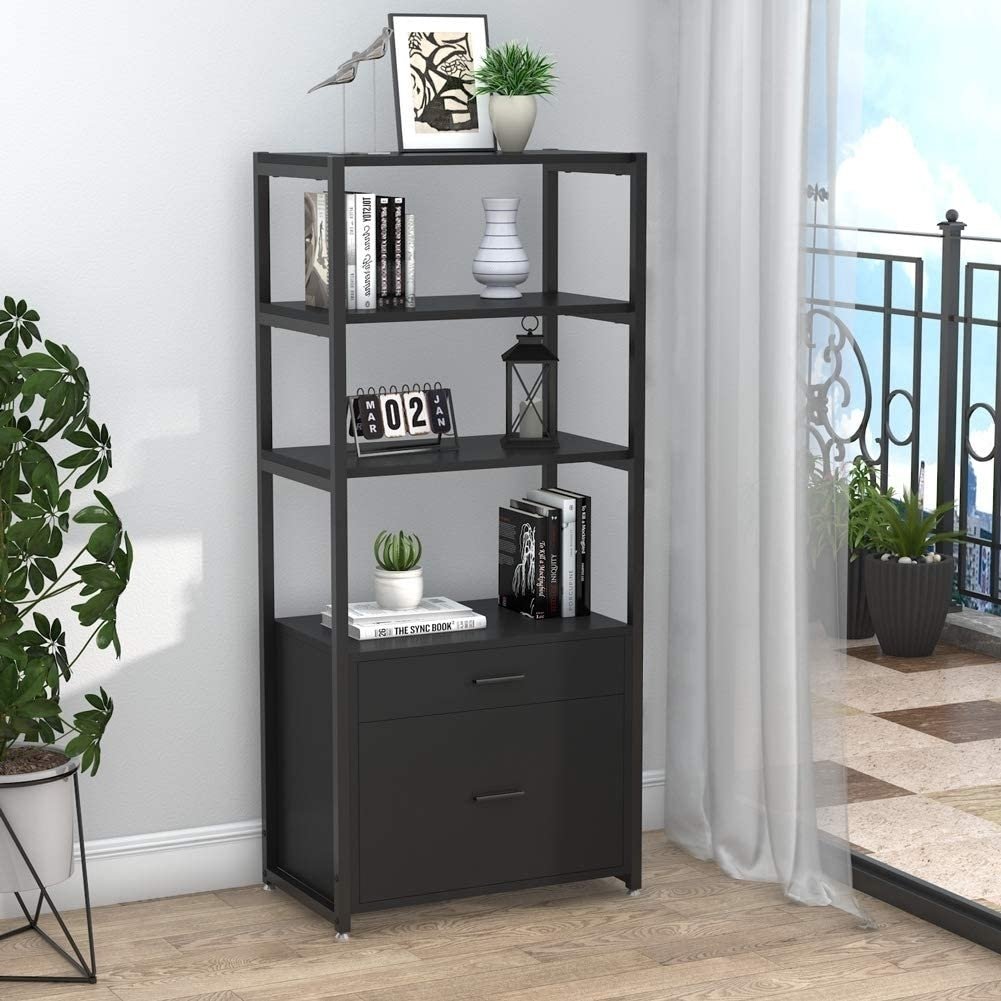 Tribesigns Bookcase Bookshelf, 4-Tier Modern File Cabinet With 2 Drawers, Lateral Filing Cabinet