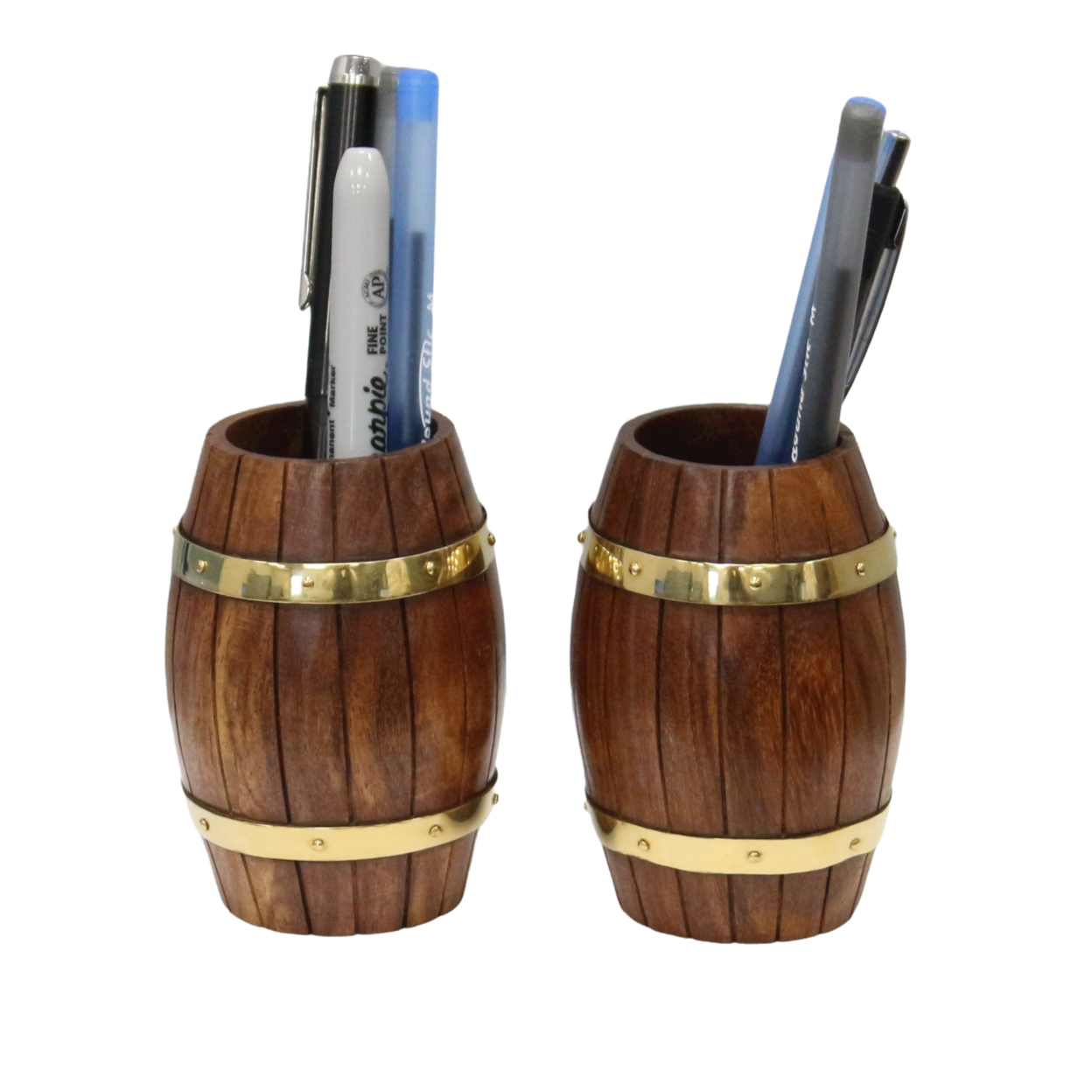 Set Of Two Decorative Wine Barrel Shaped Wooden Pen Holders For Office Desk, Or Entryway