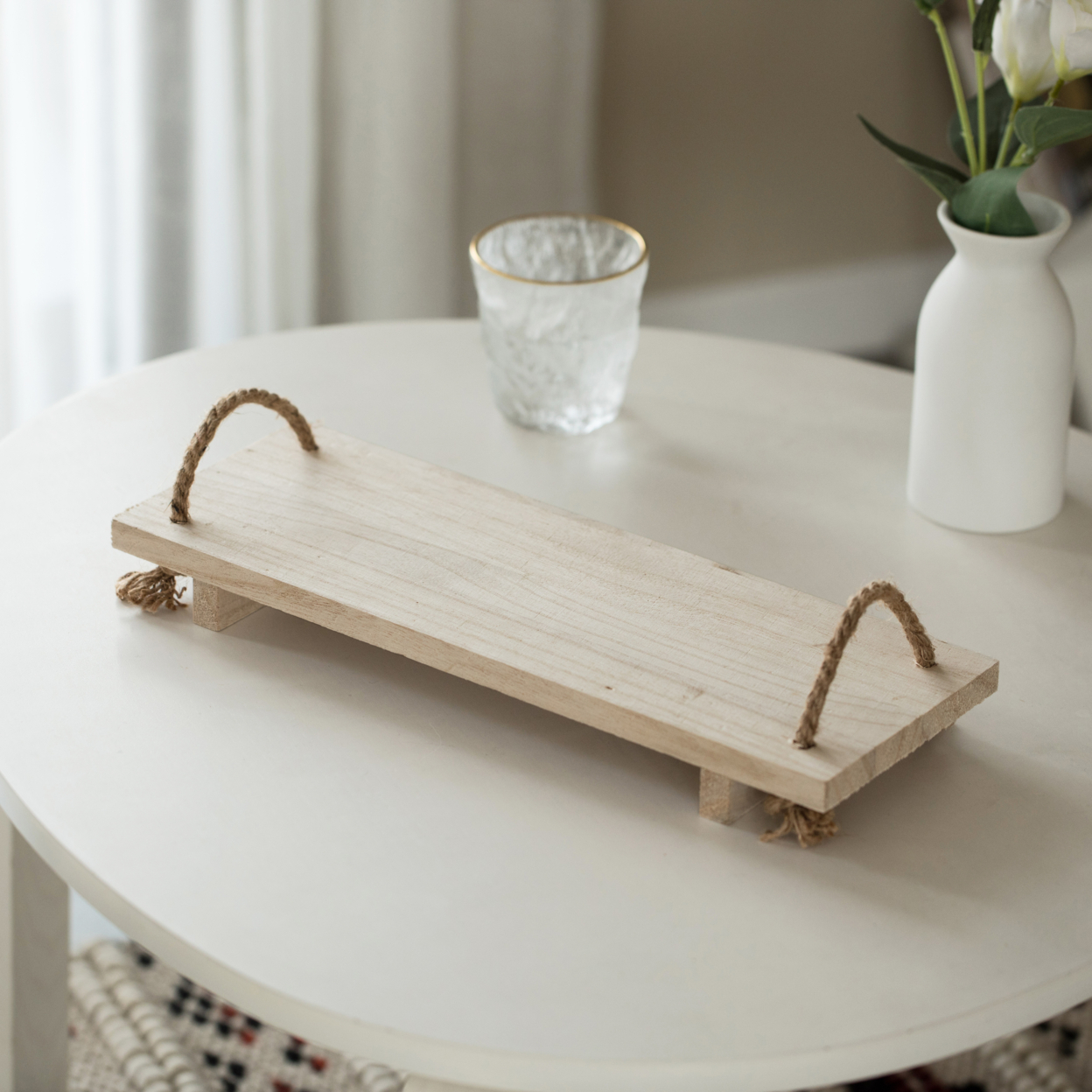 Decorative Natural Wood Rectangular Tray Serving Board With Rope Handles