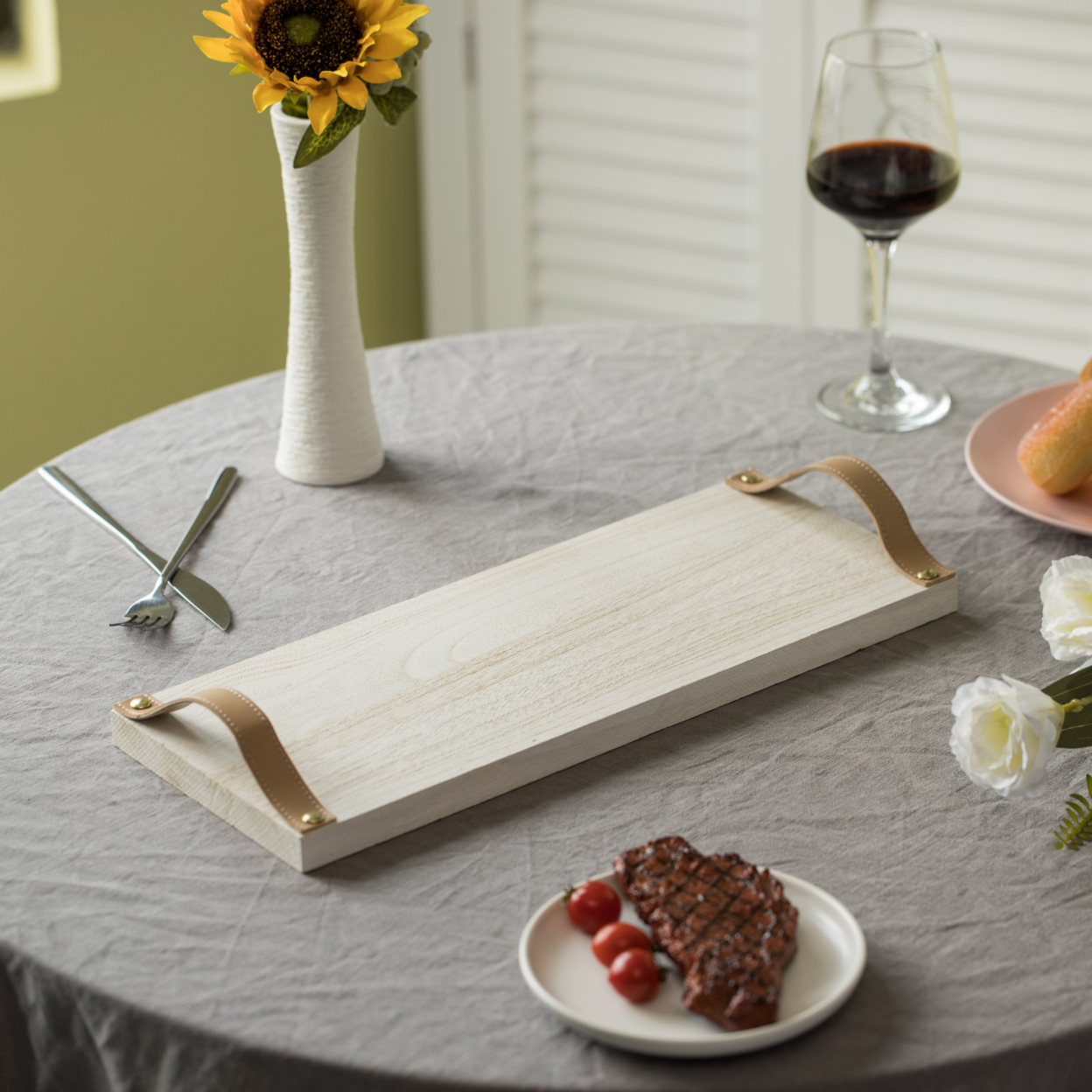 Decorative Natural Wooden Rectangular Tray Serving Board With Brown Leather Handles