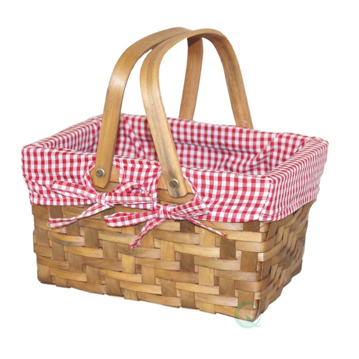 Small Rectangular Basket Lined With Gingham Lining, Carrying Handles