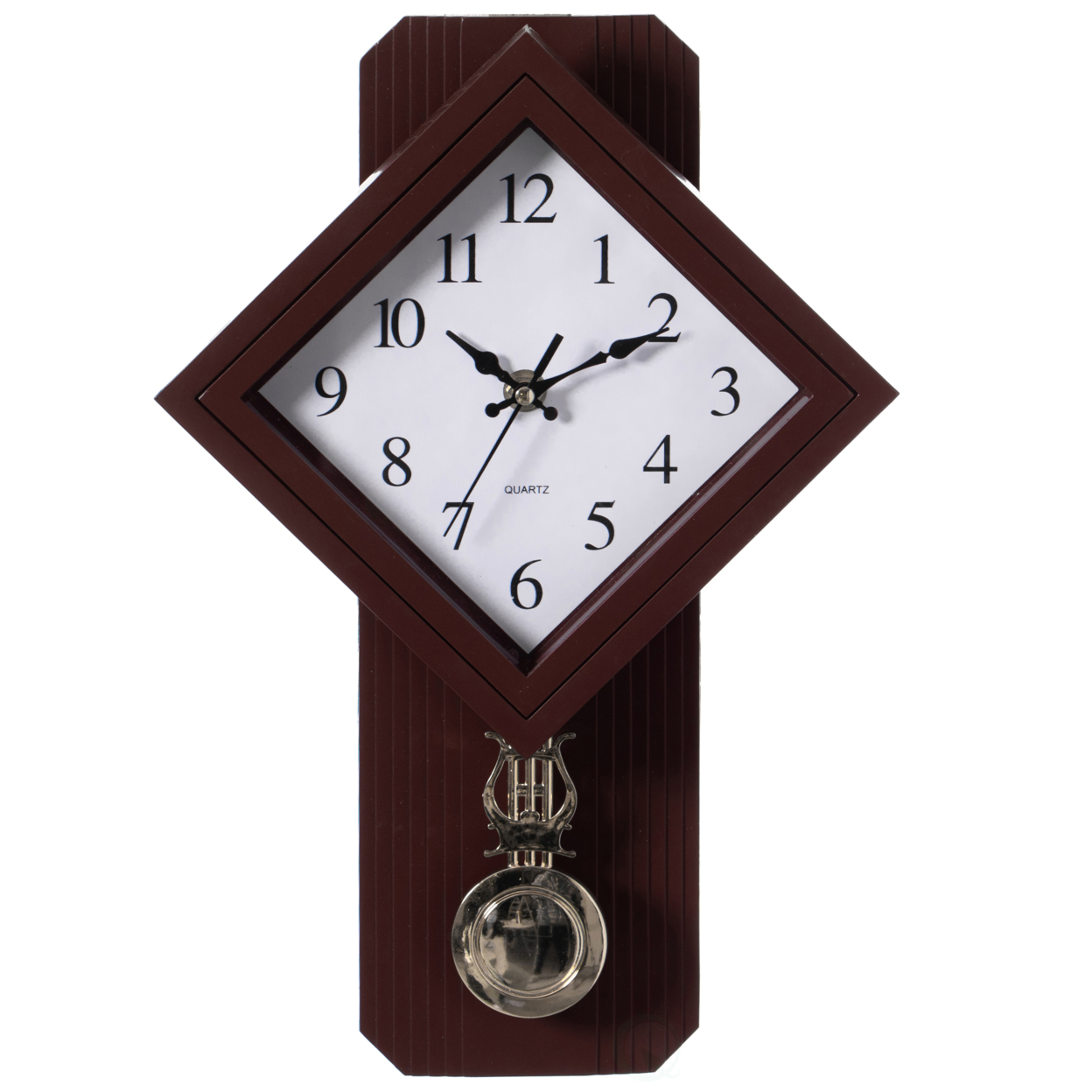 Traditional Square Wood- Looking Pendulum Plastic Wall Clock For Living Room, Kitchen, Or Dining Room - Brown