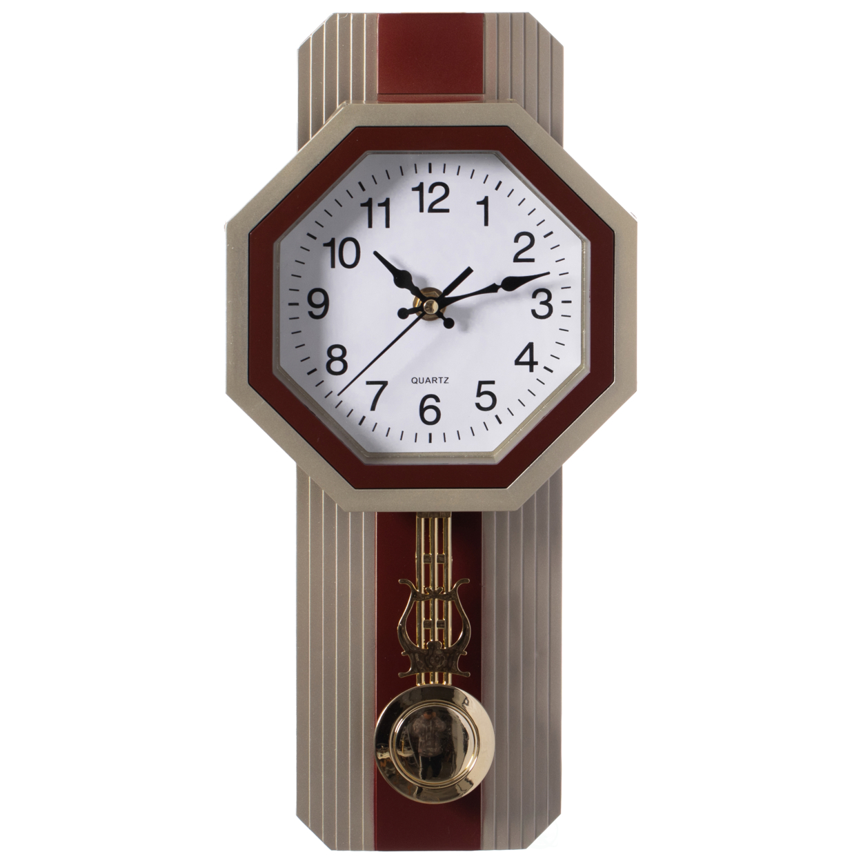 Traditional Round Wood- Looking Pendulum Plastic Wall Clock For Living Room, Kitchen, Or Dining Room - Beige