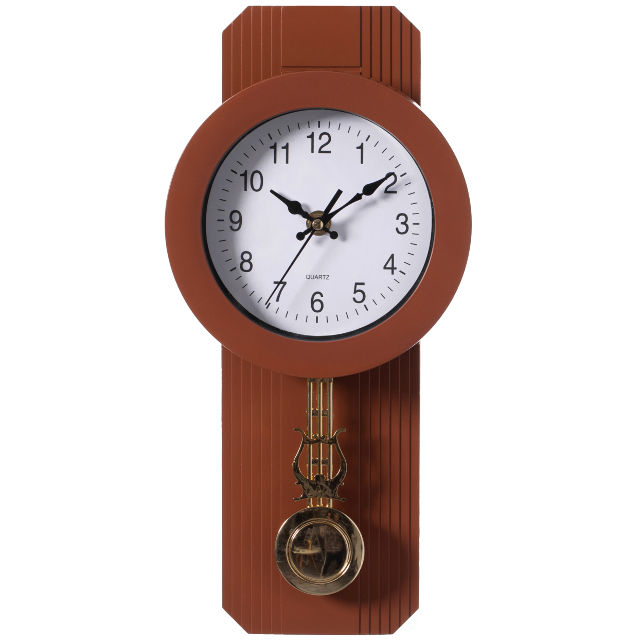 Traditional Round Wood- Looking Pendulum Plastic Wall Clock For Living Room, Kitchen, Or Dining Room - Brown