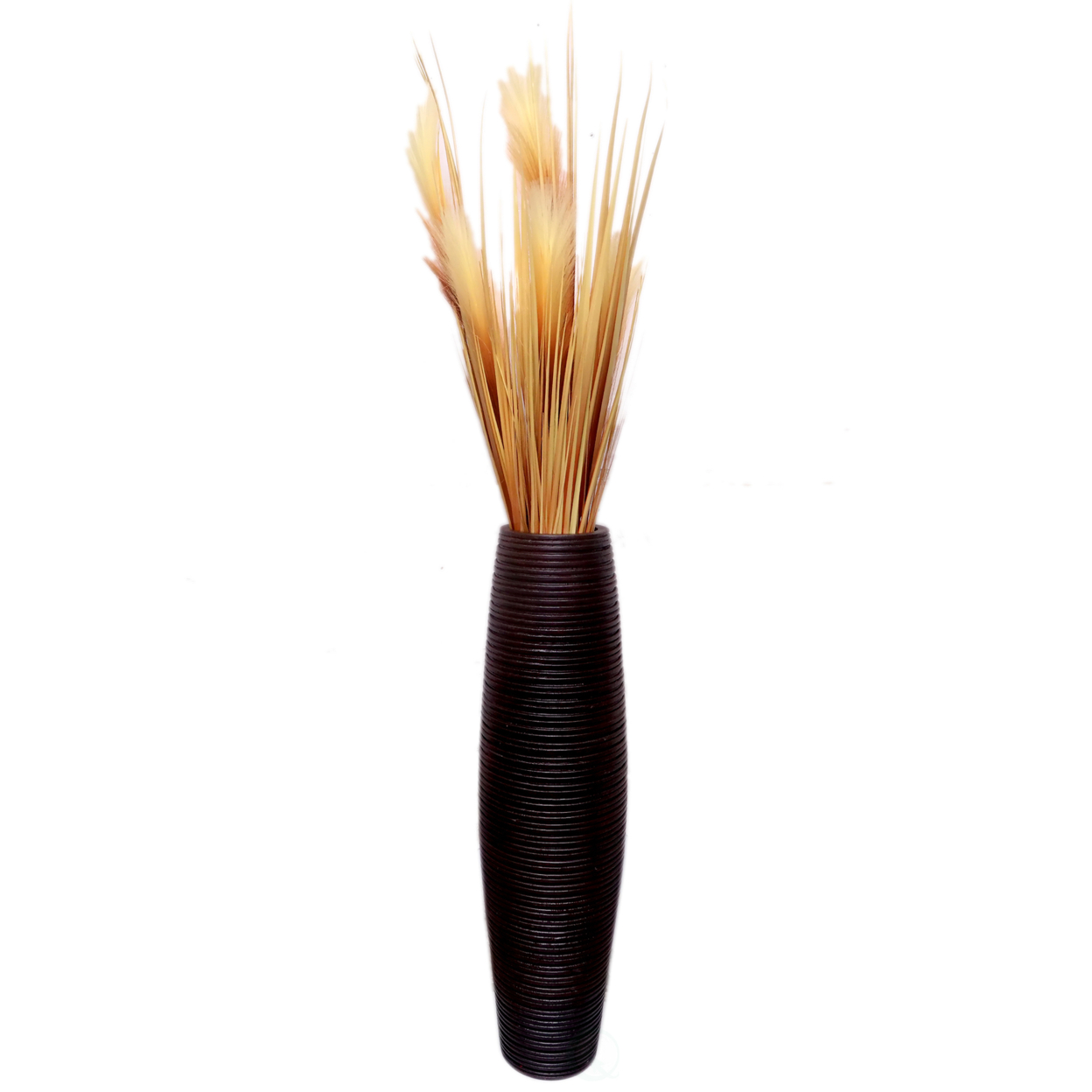 Brown Decorative Contemporary Mango Wood Ribbed Design Round Vase - Medium
