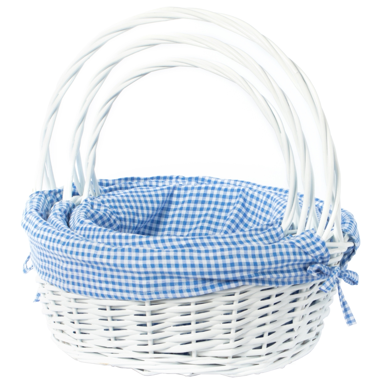 White Round Willow Gift Basket, With Blue And White Gingham Liner And Handles - Blue Small