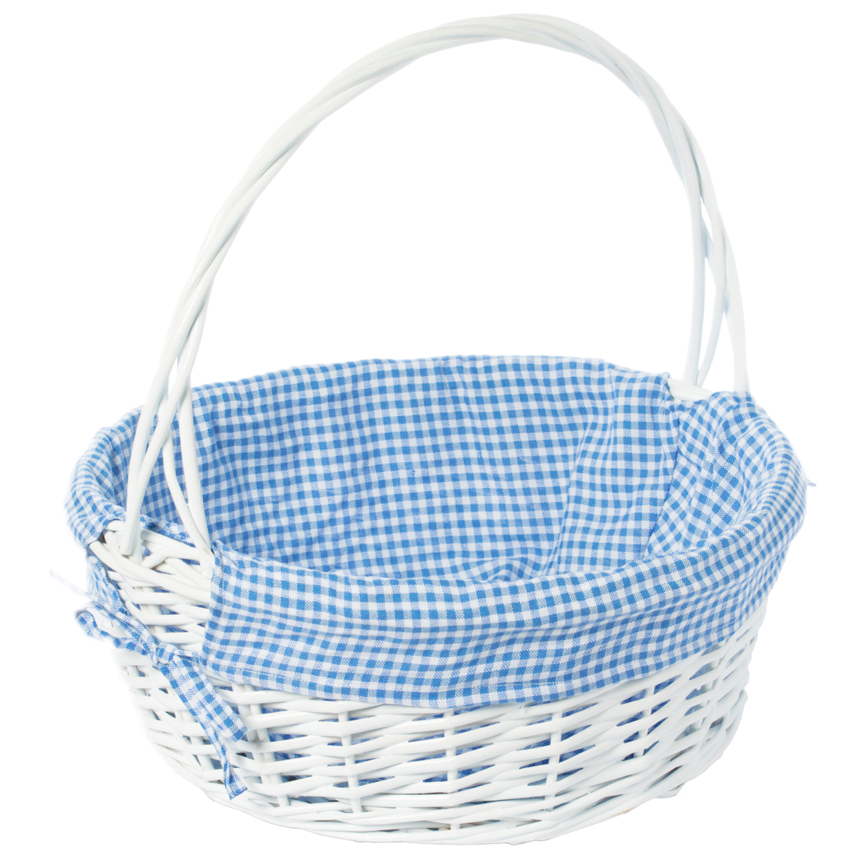 White Round Willow Gift Basket, With Blue And White Gingham Liner And Handles - Blue Set Of 3