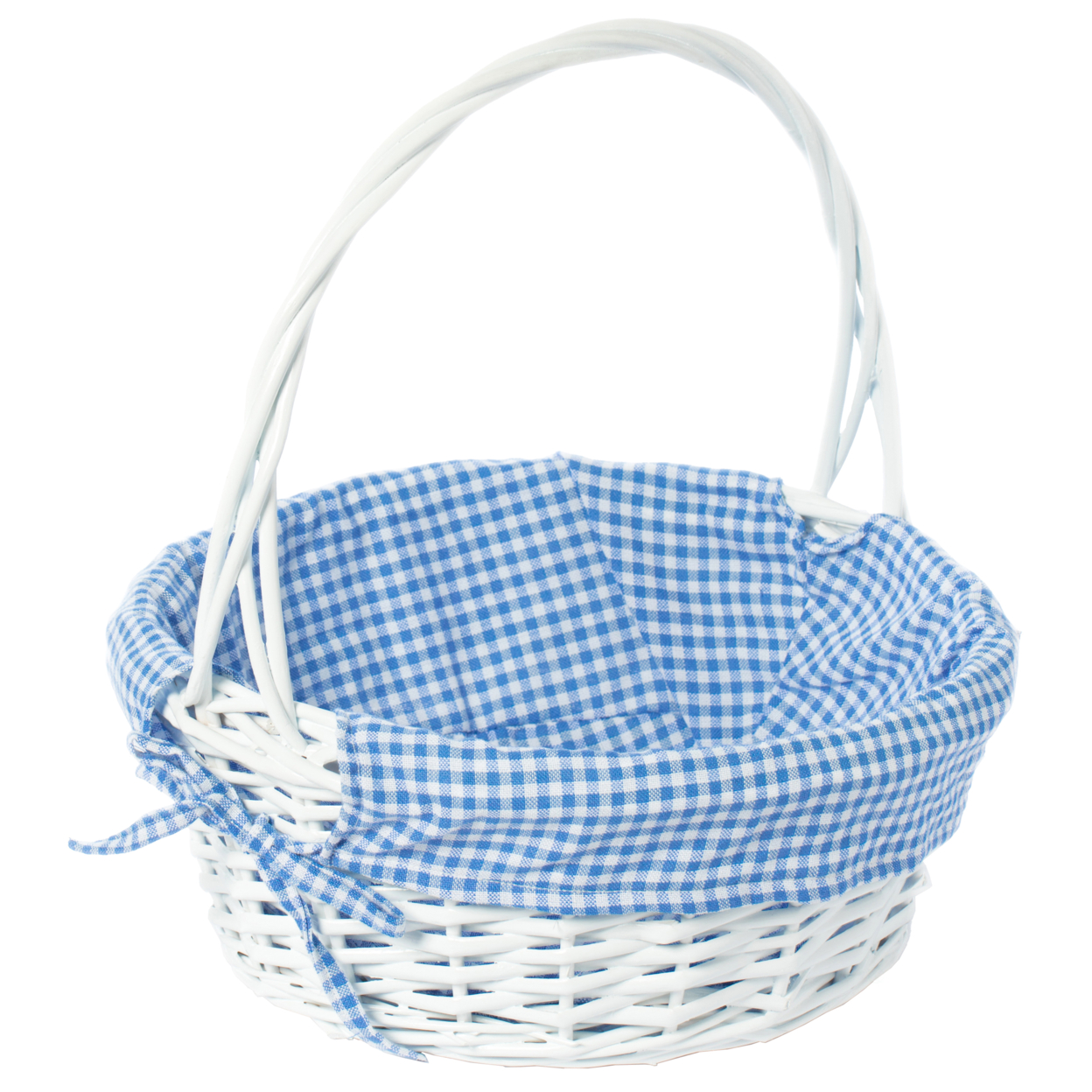 White Round Willow Gift Basket, With Blue And White Gingham Liner And Handles - Blue Medium