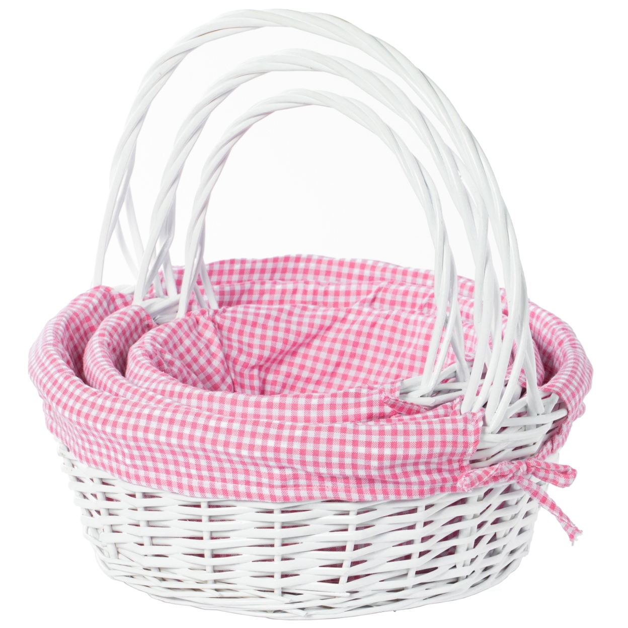 White Round Willow Gift Basket, With Blue And White Gingham Liner And Handles - Pink Set Of 3