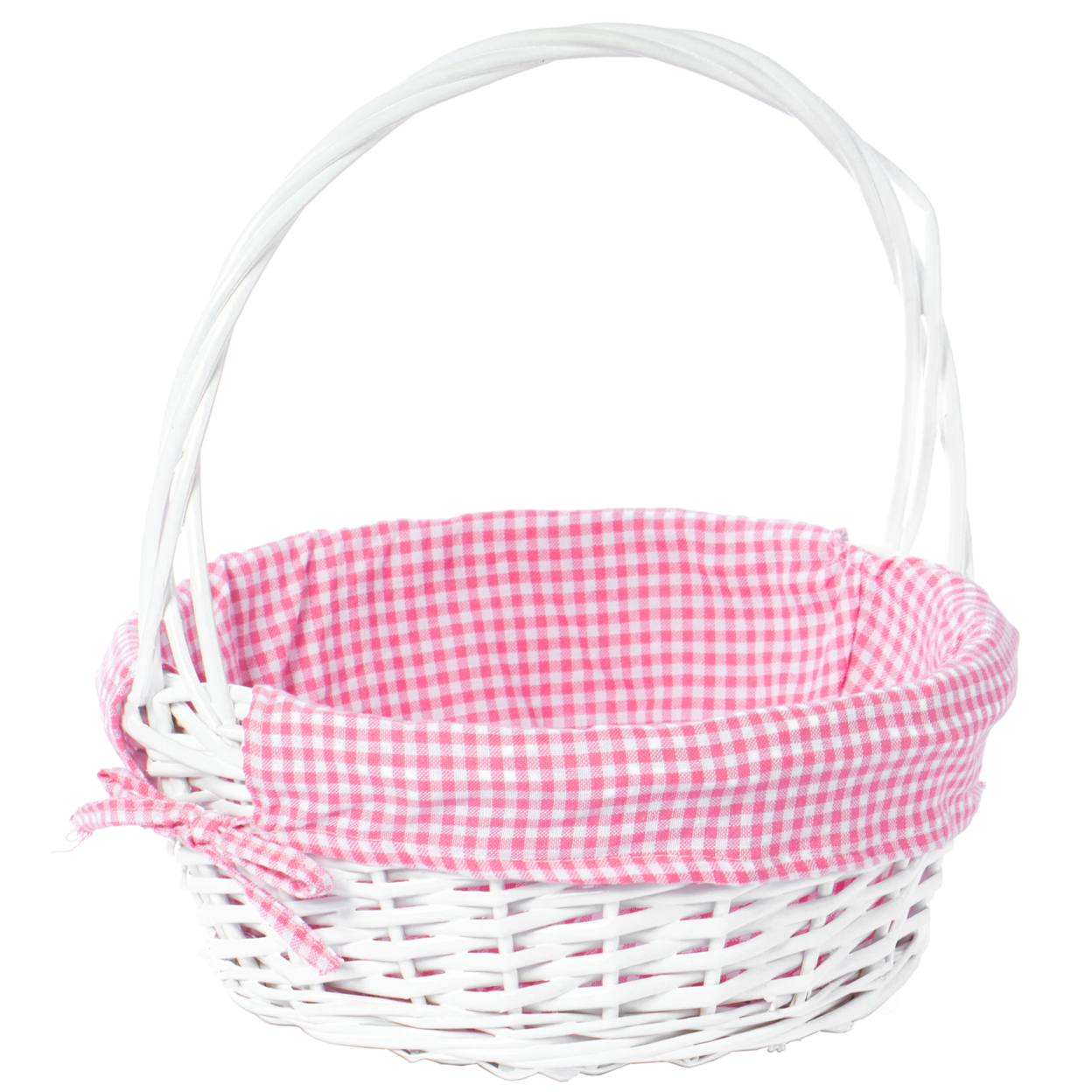 White Round Willow Gift Basket, With Blue And White Gingham Liner And Handles - Pink Medium