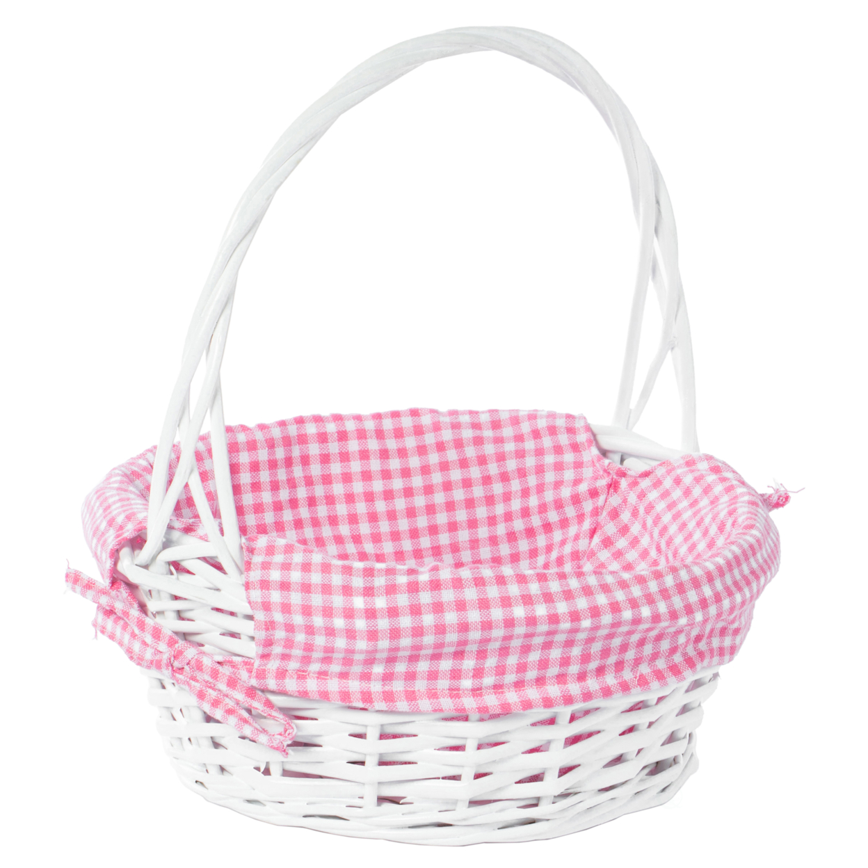 White Round Willow Gift Basket, With Blue And White Gingham Liner And Handles - Pink Small