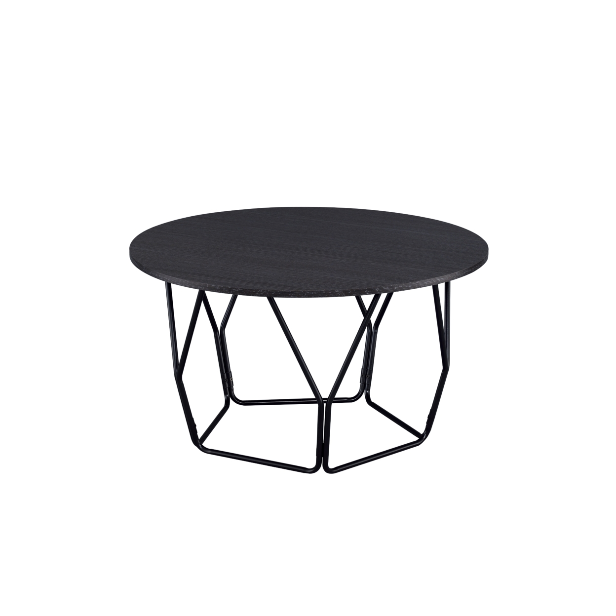 Industrial Round Top Wooden Coffee Table With Geometric Base, Black- Saltoro Sherpi